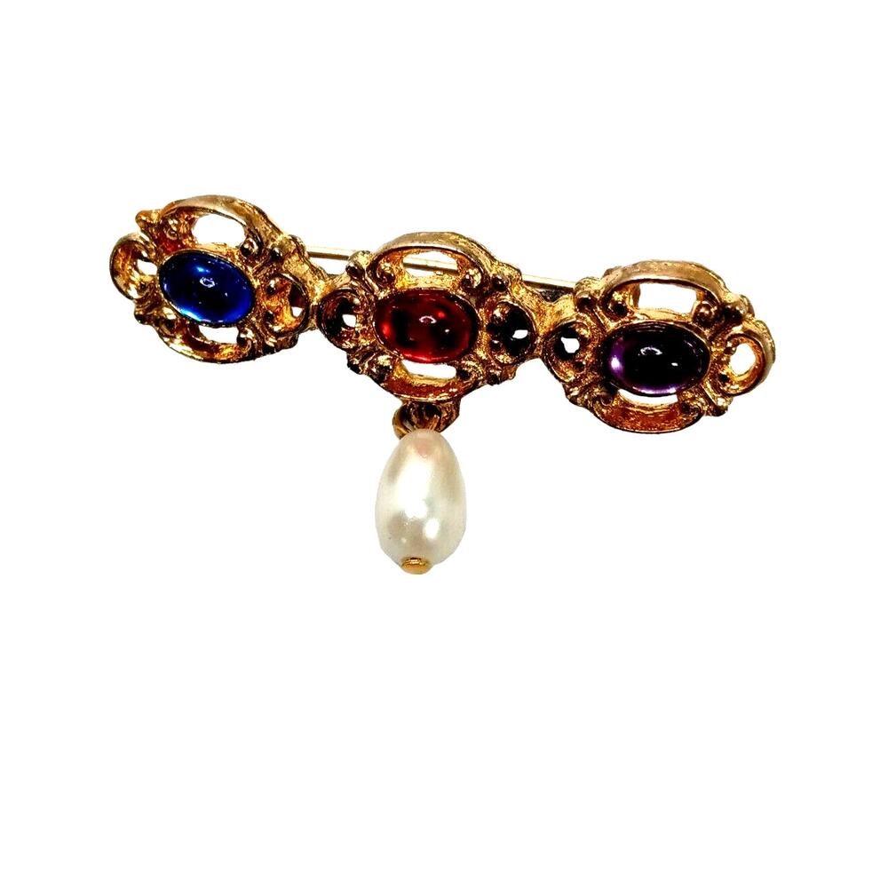Vintage Filigree Cabochon Bar Pin Brooch Multicolor Faux Pearl Drop Gold Tone